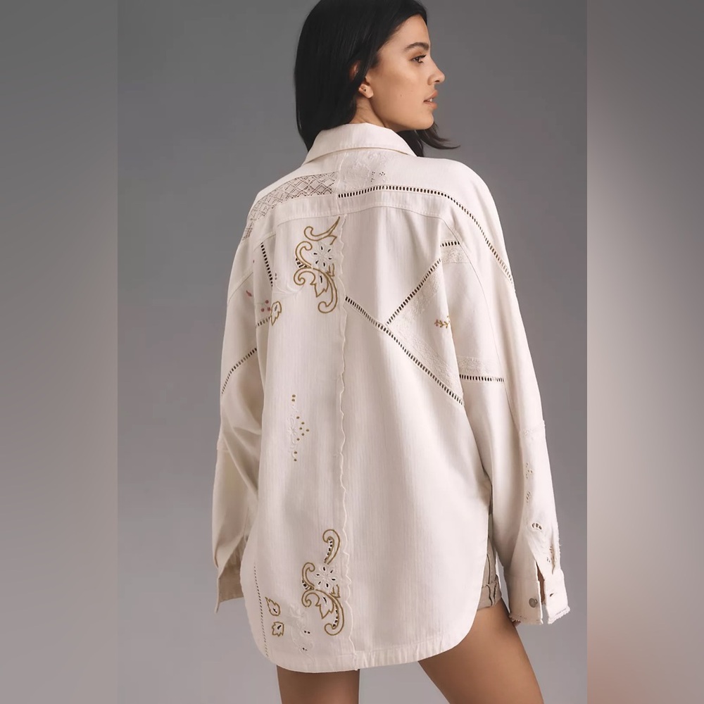 Anthropologie Reworked Embroidered Oversized‎ Denim Shirt Jacket Size Medium